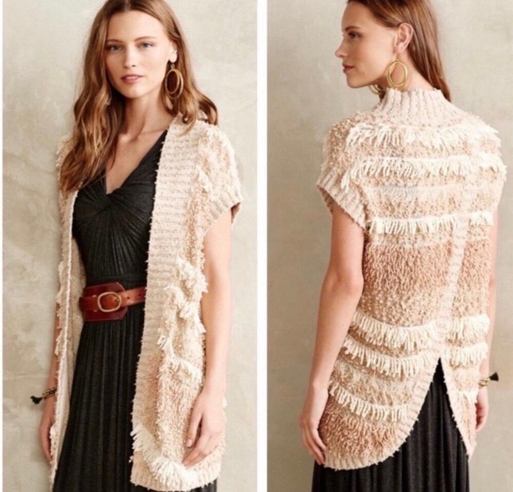 Anthropologie Moth Women's Quinta Knit Vest Sweater Neutrals Beige Shaggy XS/S